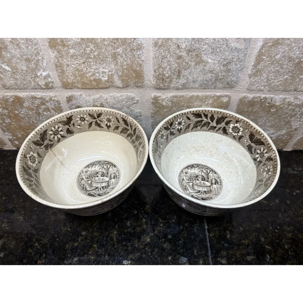 1860's Antique Villeroy & Boch Brown White Transfer Ware Slop Basin Bowl 2 Piece